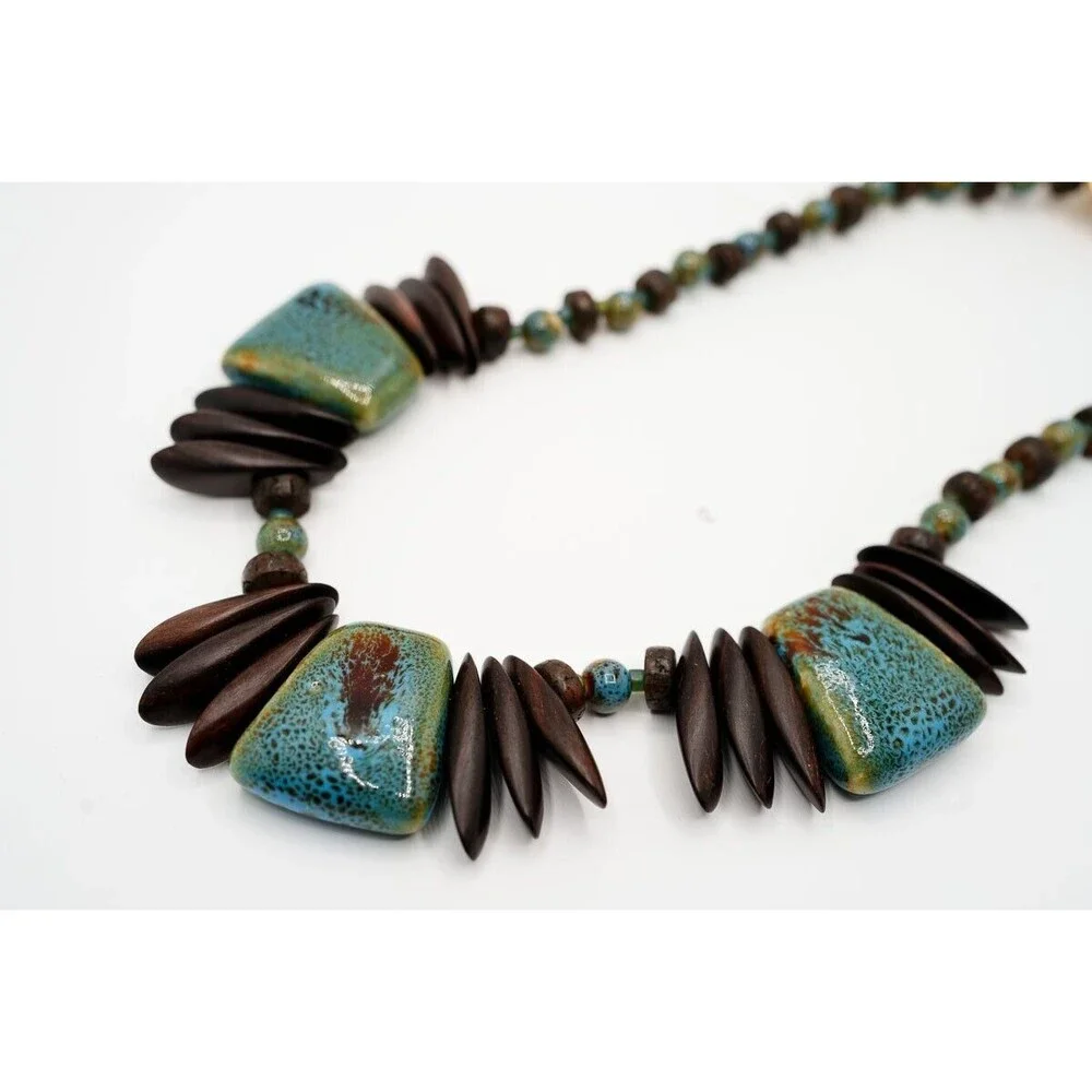 Artisan Ceramic‎ wood beaded chunky statement necklace blue brown 19